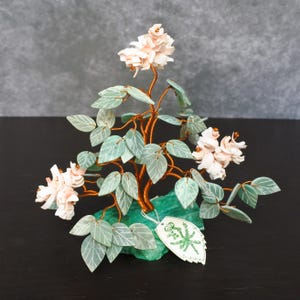 Adorno vintage de árbol de la fortuna con piedra de concha y alambre, mini escultura de bonsái
