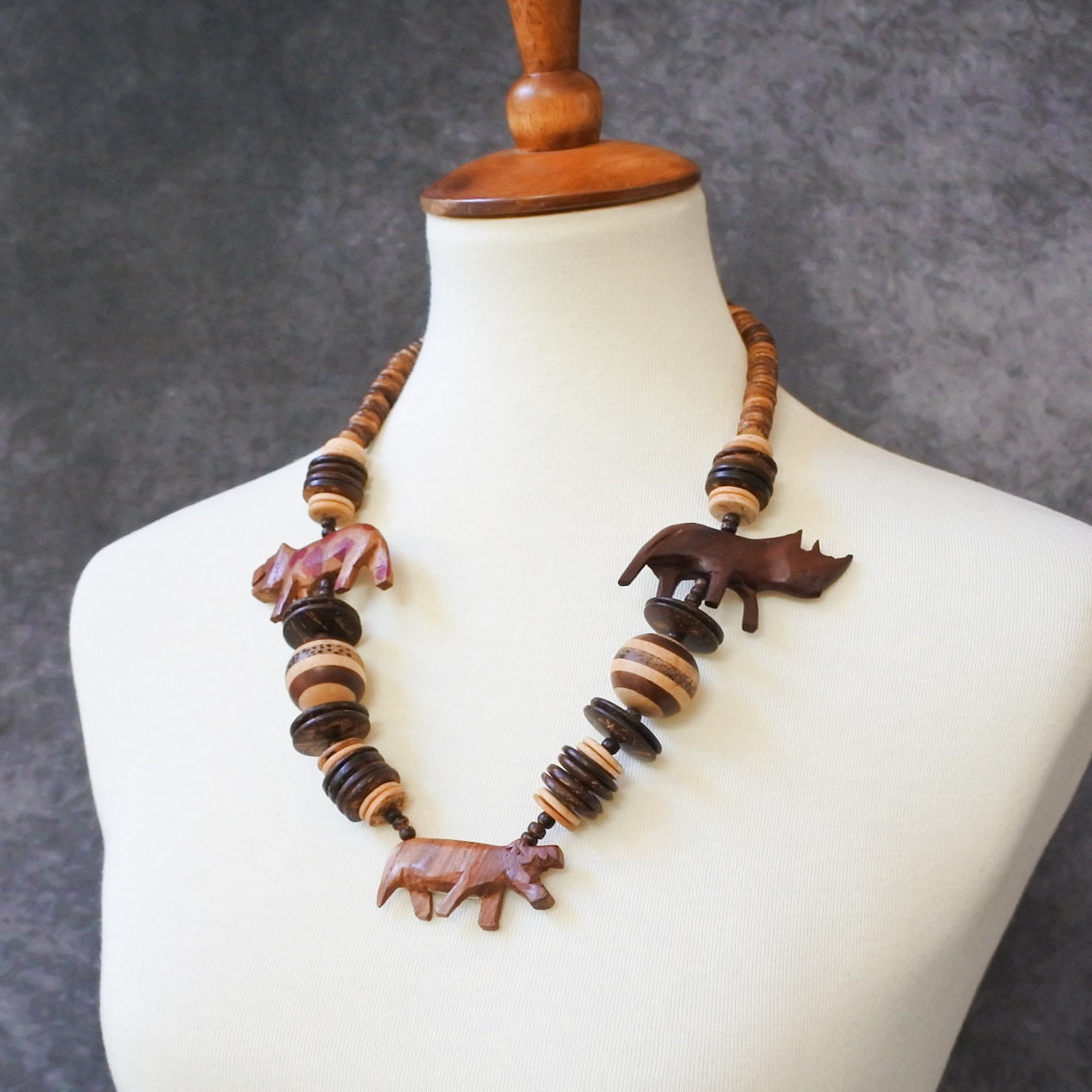 Vintage African Hand Carved Wooden Animal Safari Bead Necklace - Etsy