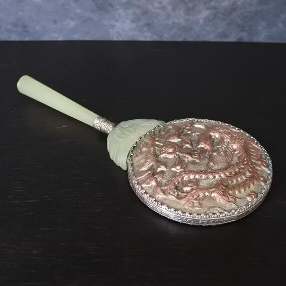 Vintage Old Chinese Celadon Jade Silver Copper Phoenix Hand Mirror