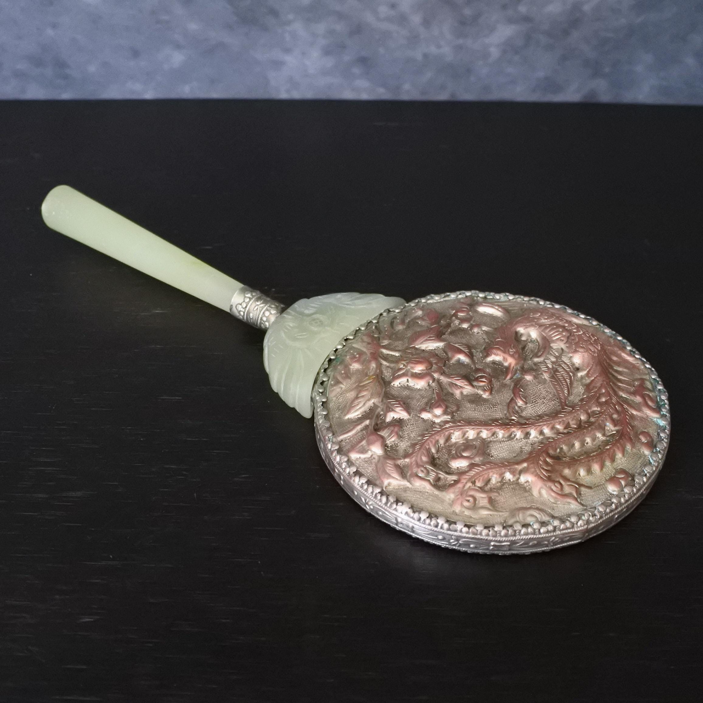Vintage Old Chinese Celadon Jade Silver Copper Phoenix Hand Mirror