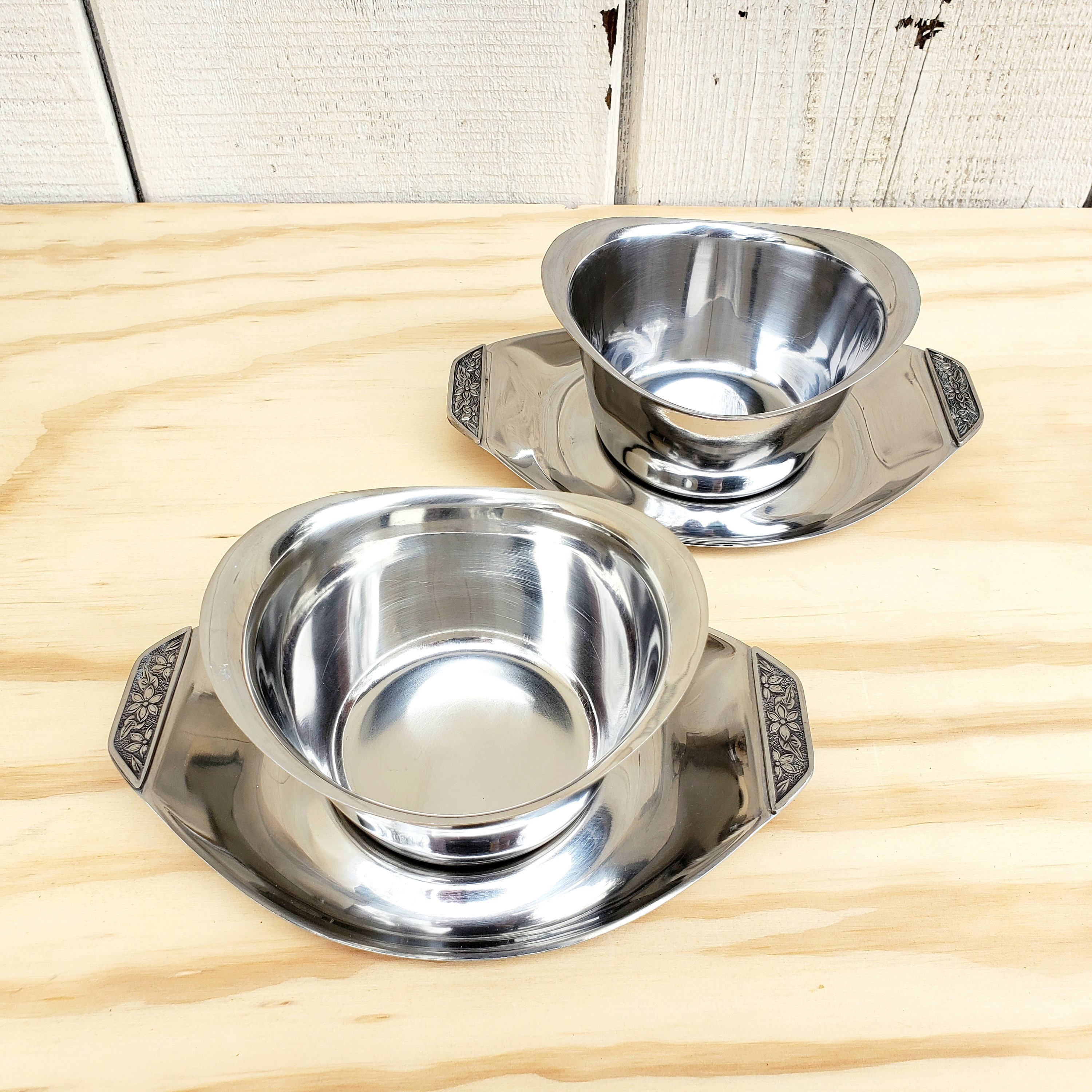 Vintage Japanese Stainless Steel Silver Bowl Plate Floral Detail Dish Set