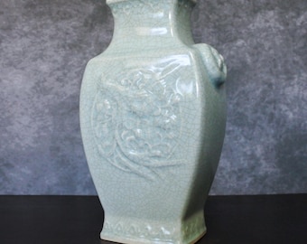 Antique Chinese Celadon Glazed Vase With Relief Blue Dragon and