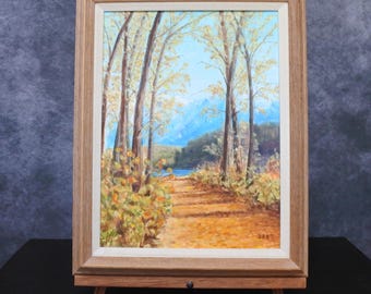 Pintura al óleo vintage firmada original de paisaje forestal enmarcada.