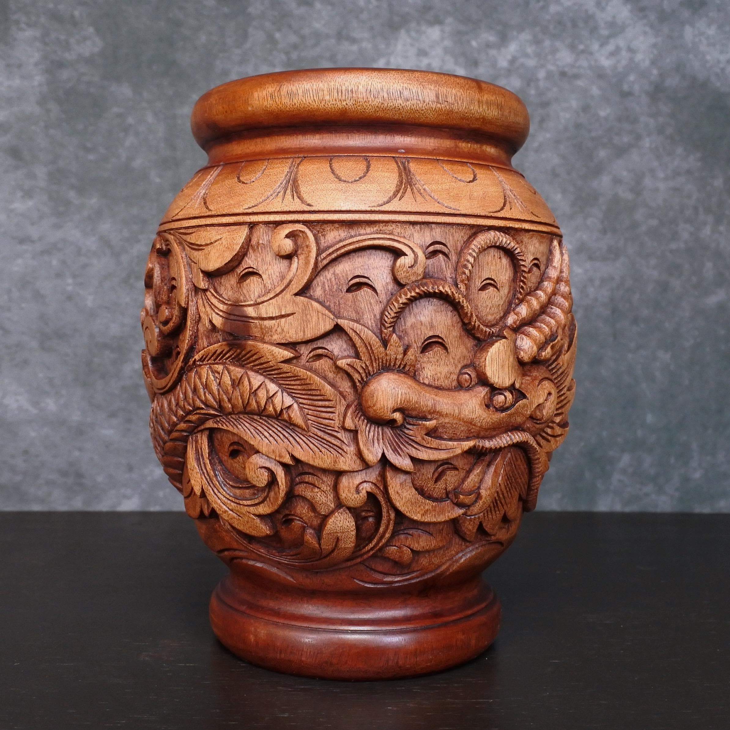 ヴィンテージ バリ風 ドラゴン 花柄 手彫り 木製 民芸品 花瓶 - Etsy 日本