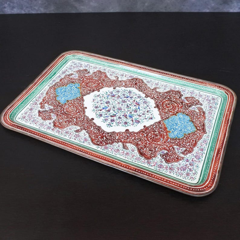 Antique Persian Minakari Enamel Floral Birds Tea & Coffee Cups Saucers Tray Set image 15