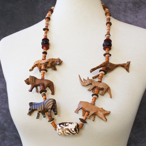 Vintage African Hand Carved Wooden Animal Safari Bead Necklace, Folk Art Tribal Handmade Jewelry