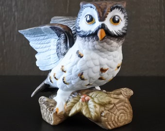 手描きフクロウ置物 2点セット ヴィンテージ ミッドセンチュリー 手描き磁器 フクロウ 鳥の置物 ペア
