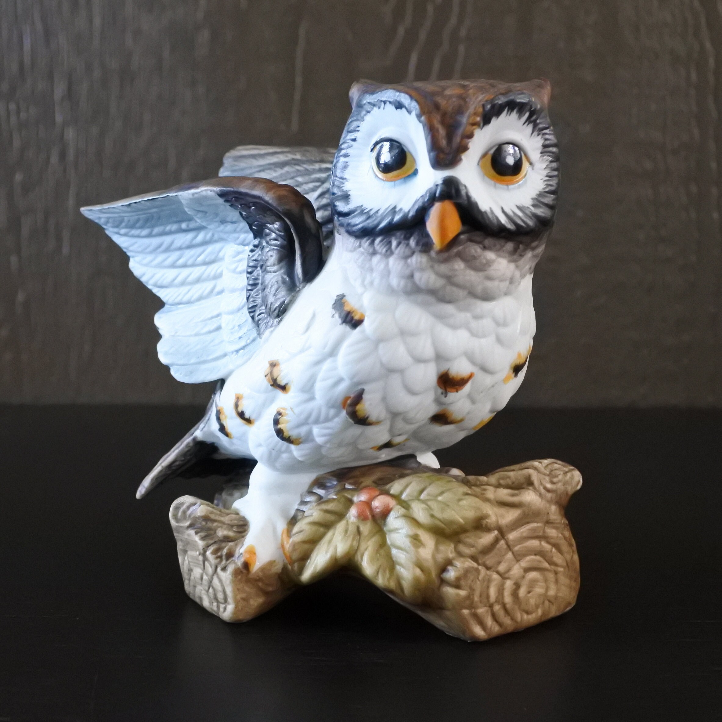 手描きフクロウ置物 2点セット ヴィンテージ ミッドセンチュリー 手描き磁器 フクロウ 鳥の置物 ペア