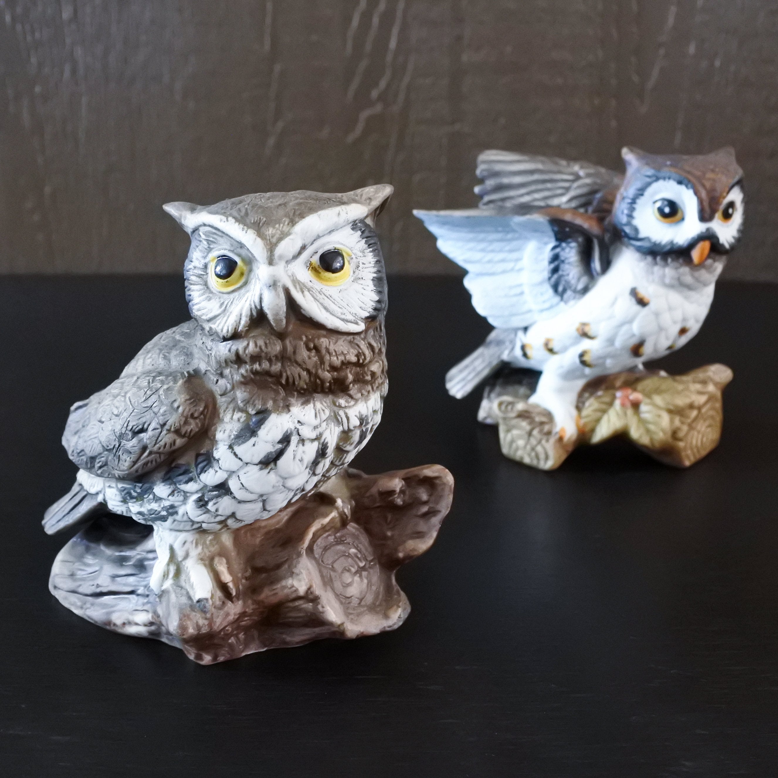 ヴィンテージ ミッドセンチュリー 手描き磁器 フクロウ 鳥の置物 ペア