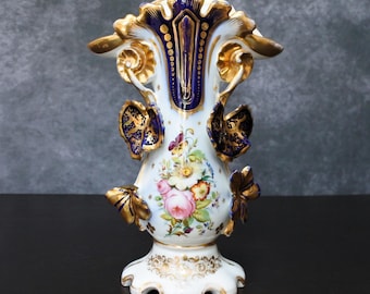 アンティークフランス手描き花柄ブルーゴールド磁器花瓶 - Etsy 日本