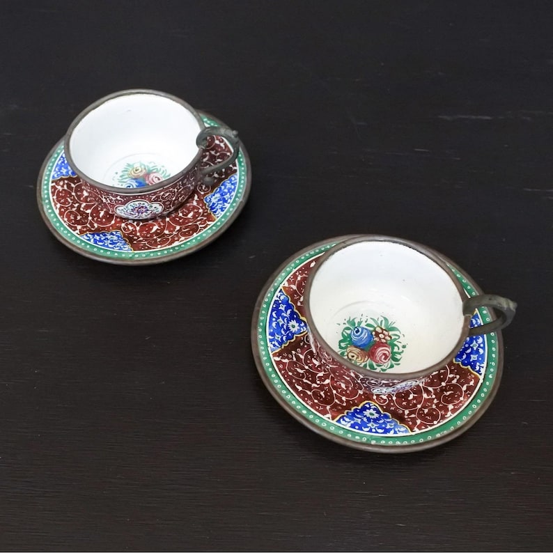 Antique Persian Minakari Enamel Floral Birds Tea & Coffee Cups Saucers Tray Set image 5