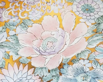 ヴィンテージ 東洋 手描き 花柄 大型 飾り皿 ピンク ブルー パープル