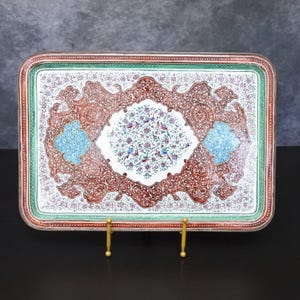 Antique Persian Minakari Enamel Floral Birds Tea & Coffee Cups Saucers Tray Set image 7