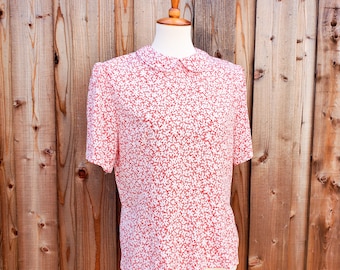 Vintage Peter Pan Collar Red & White Floral Print Short Sleeve Blouse Size 12
