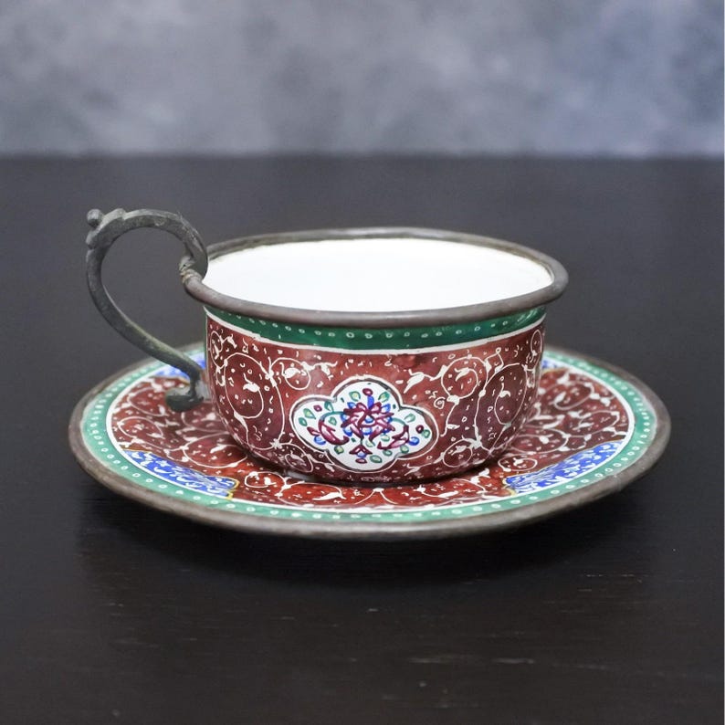 Antique Persian Minakari Enamel Floral Birds Tea & Coffee Cups Saucers Tray Set image 8