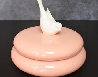 Vintage jaren 1930 Lenox China Bird Coral Pink White Powder Snuisterijdoosje Snoepschaal