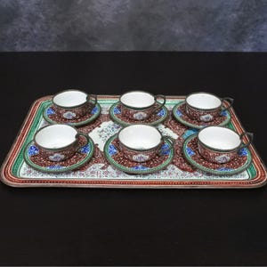 Antique Persian Minakari Enamel Floral Birds Tea & Coffee Cups Saucers Tray Set image 2