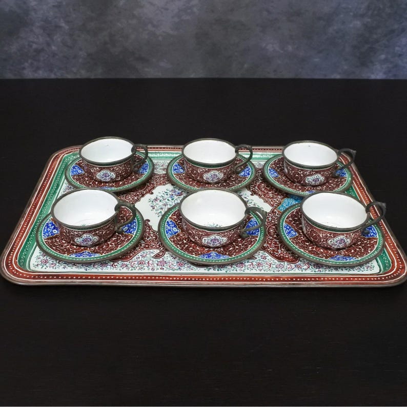 Antique Persian Minakari Enamel Floral Birds Tea & Coffee Cups Saucers Tray Set image 2