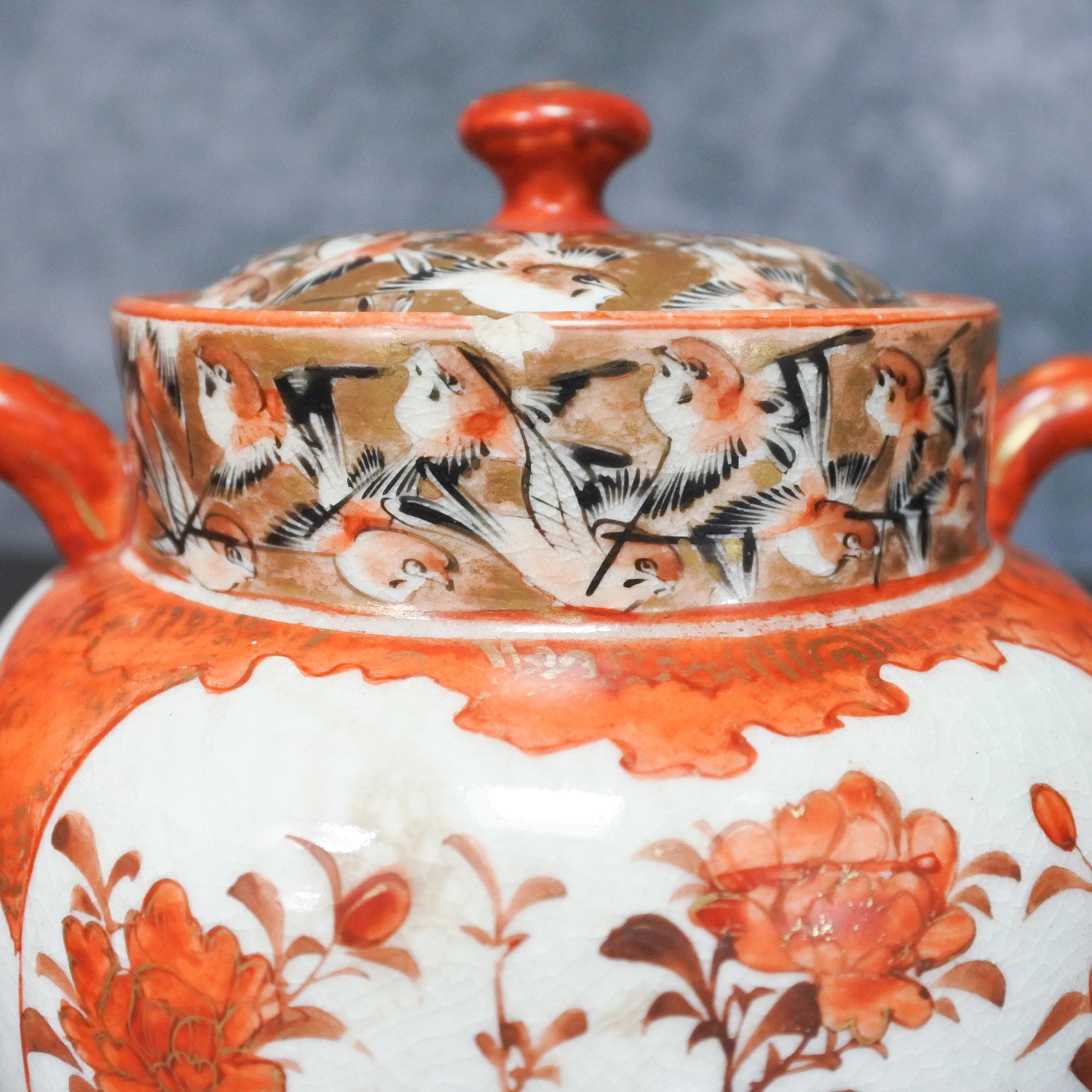 Antique Japanese Kutani Ware Birds Floral Hand Painted Porcelain Lidded