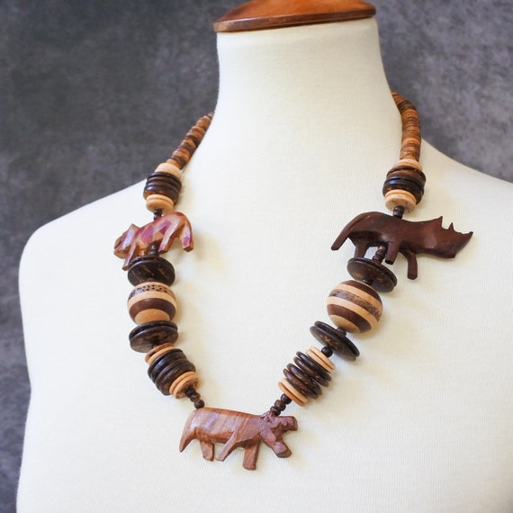 Vintage African Hand Carved Wooden Animal Safari Bead Necklace - Etsy
