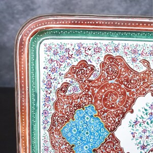 Antique Persian Minakari Enamel Floral Birds Tea & Coffee Cups Saucers Tray Set image 13