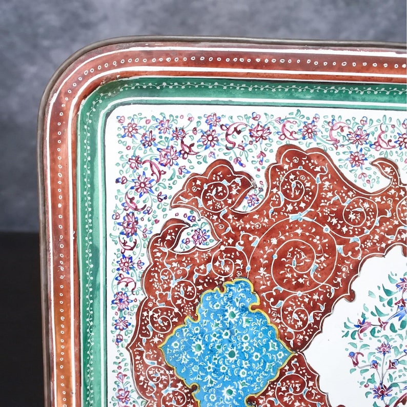 Antique Persian Minakari Enamel Floral Birds Tea & Coffee Cups Saucers Tray Set image 13