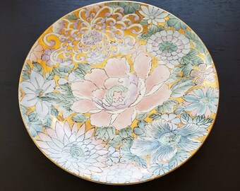 ヴィンテージ 東洋 手描き 花柄 大型 飾り皿 ピンク ブルー パープル