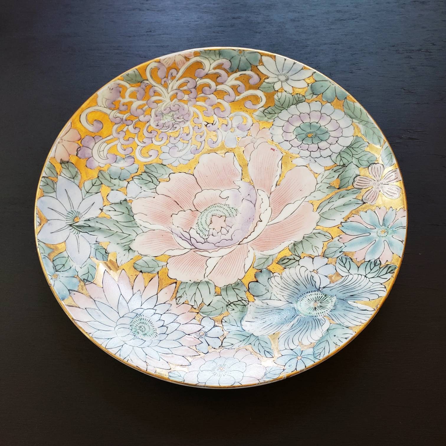 ヴィンテージ風 花模様 陶器皿 ヴィンテージ 東洋 手描き 花柄 大型 飾り皿 ピンク ブルー パープル