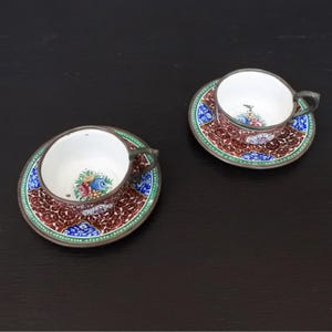 Antique Persian Minakari Enamel Floral Birds Tea & Coffee Cups Saucers Tray Set image 4