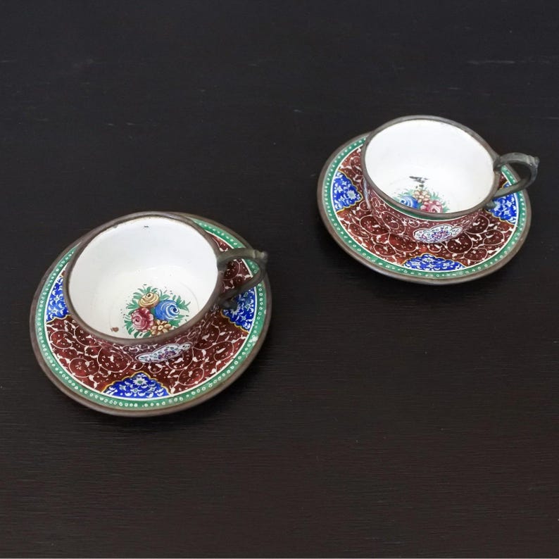 Antique Persian Minakari Enamel Floral Birds Tea & Coffee Cups Saucers Tray Set image 4
