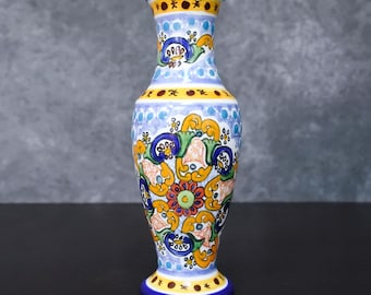 Vintage Mexico Talavera Art Pottery Hand Painted Floral Vase