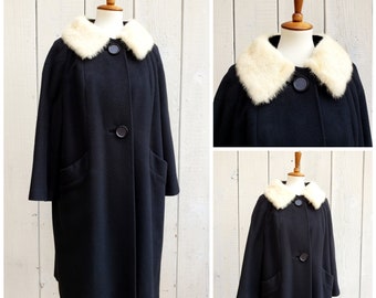 Vintage 1960s Mid Century Black Wool Blonde Mink Fur Collar Coat Size XL