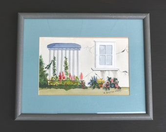 Vintage Original Signed Watercolor Painting Garden Scene Framed Artwork