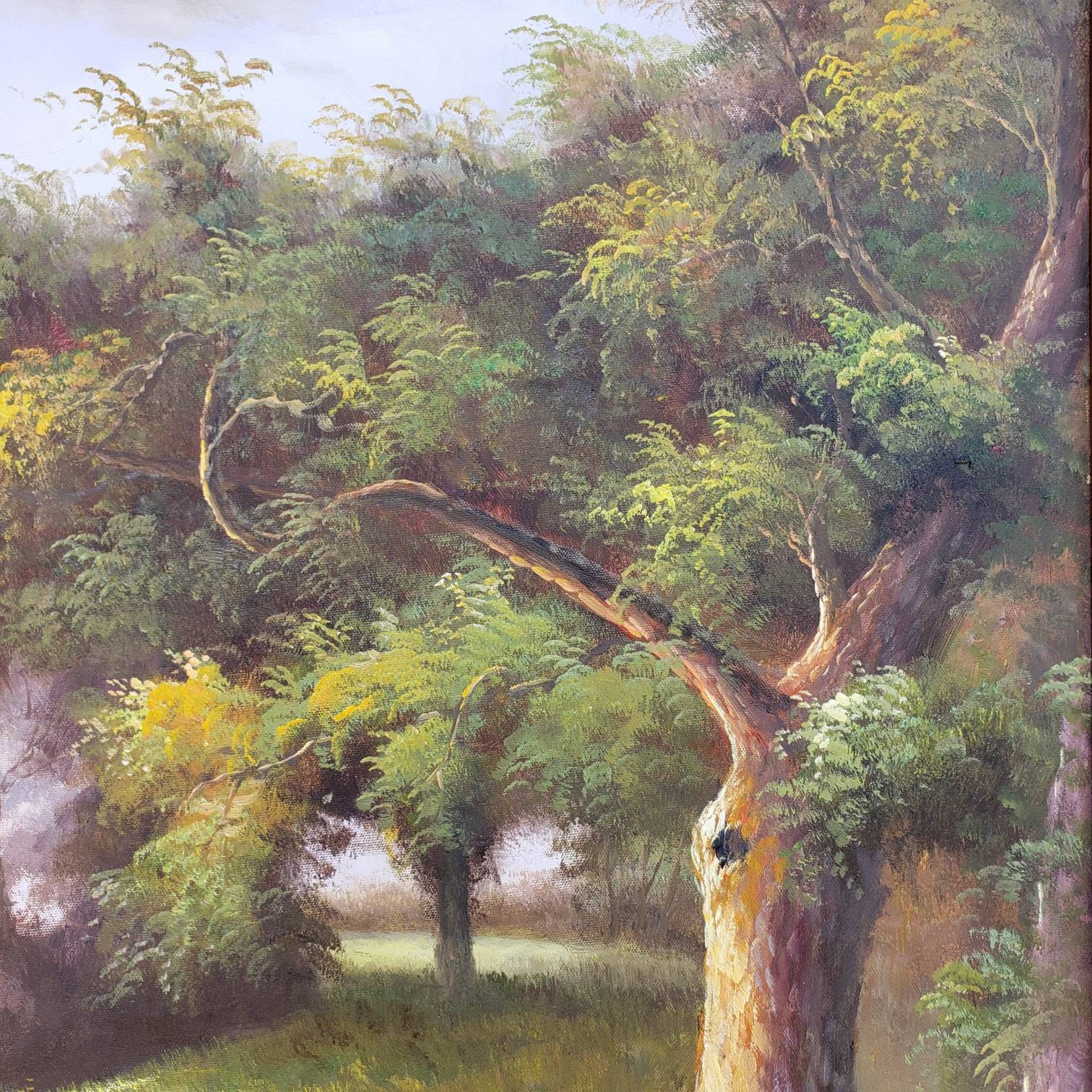 ヴィンテージ 38インチ オリジナル サイン入り 油絵 森林風景画 額入り
