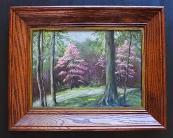 Pintura al óleo original enmarcada firmada vintage de paisaje forestal impresionista