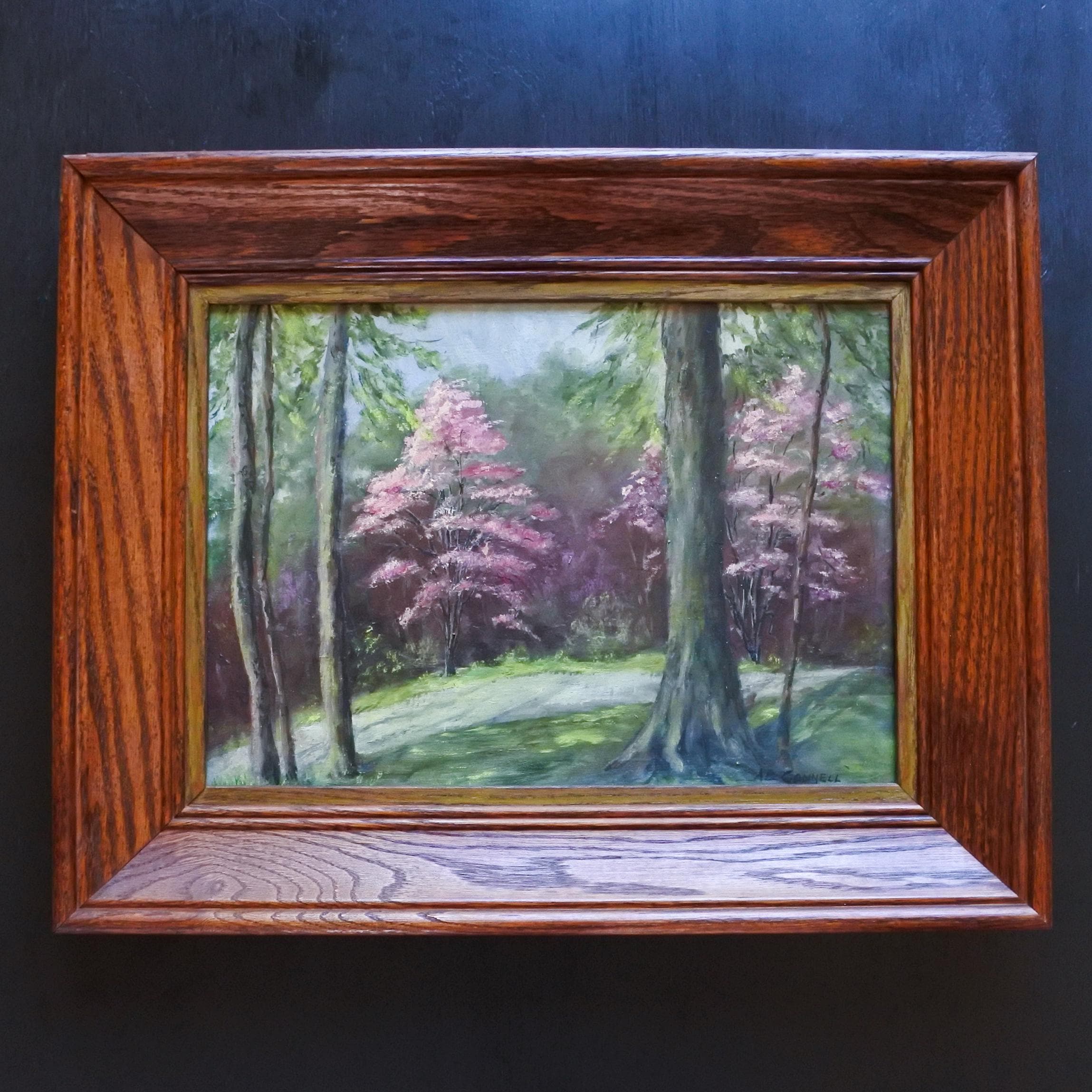 静寂の森 油彩画 額装絵画／サインあり／大型作品 ヴィンテージ サイン入り オリジナル 額入り 油絵 印象派 森の風景