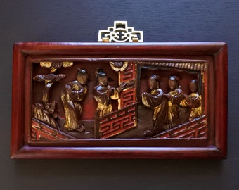 Antique Chinese Carved Lacquer Wooden Panel Wall Art Hanging Plaque