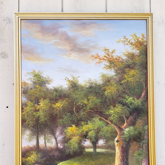 ヴィンテージ 38インチ オリジナル サイン入り 油絵 森林風景画 額入り