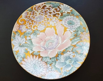Vintage Toyo Hand Painted Floral Large Ornament Plate, Pink Blue Purple & Gold Flower Ceramic Art Decor