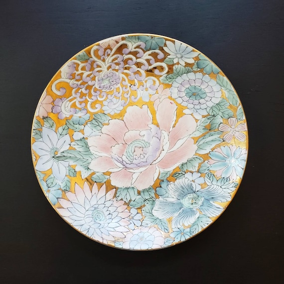 ヴィンテージ 東洋 手描き 花柄 大型 飾り皿 ピンク ブルー パープル