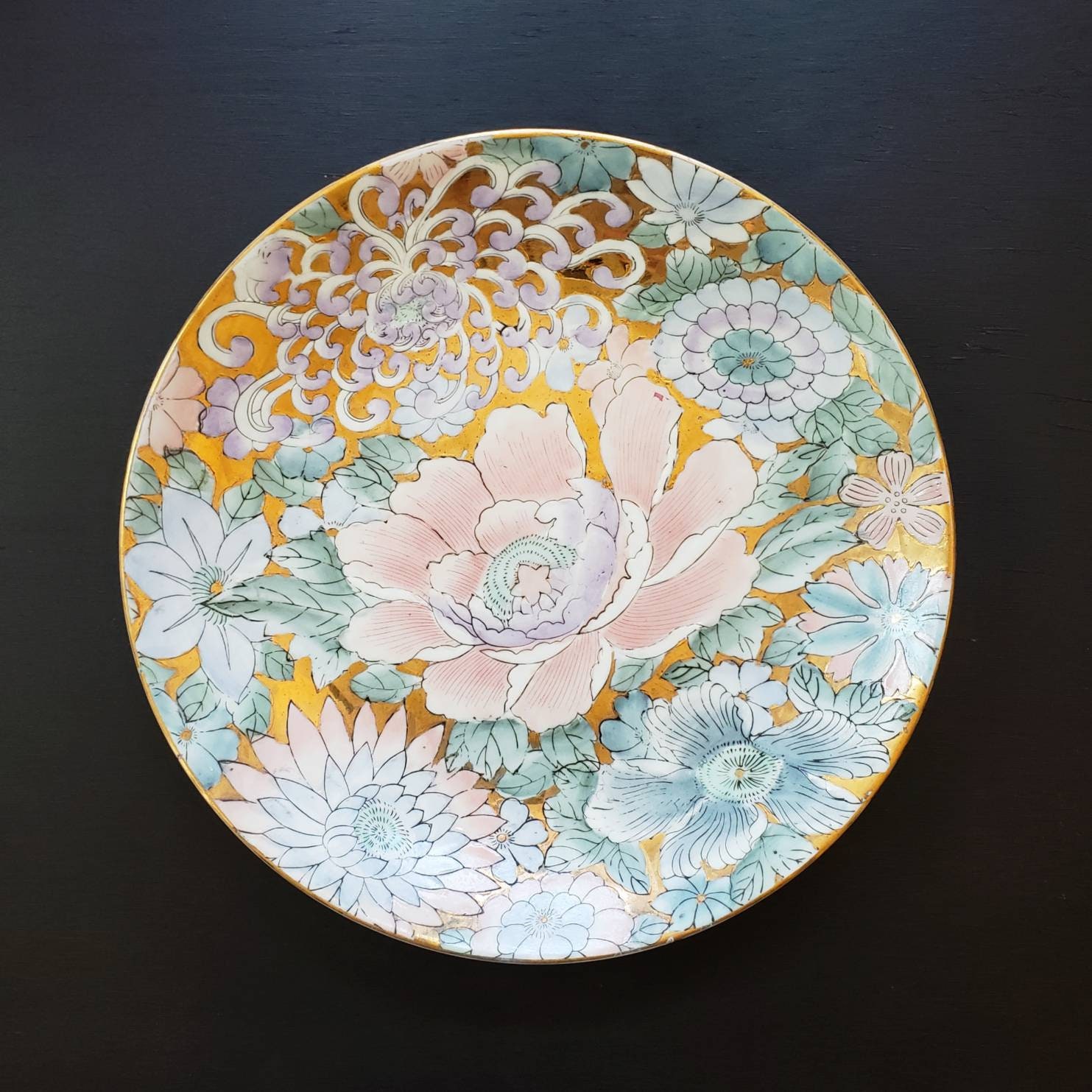 ヴィンテージ 東洋 手描き 花柄 大型 飾り皿 ピンク ブルー パープル