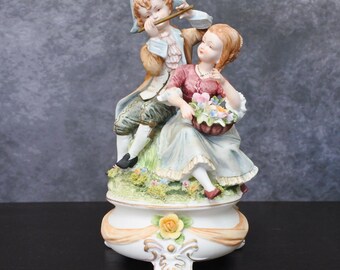 Vintage Mid Century Girl & Boy Flute Player Porcelain Bisque Figurine