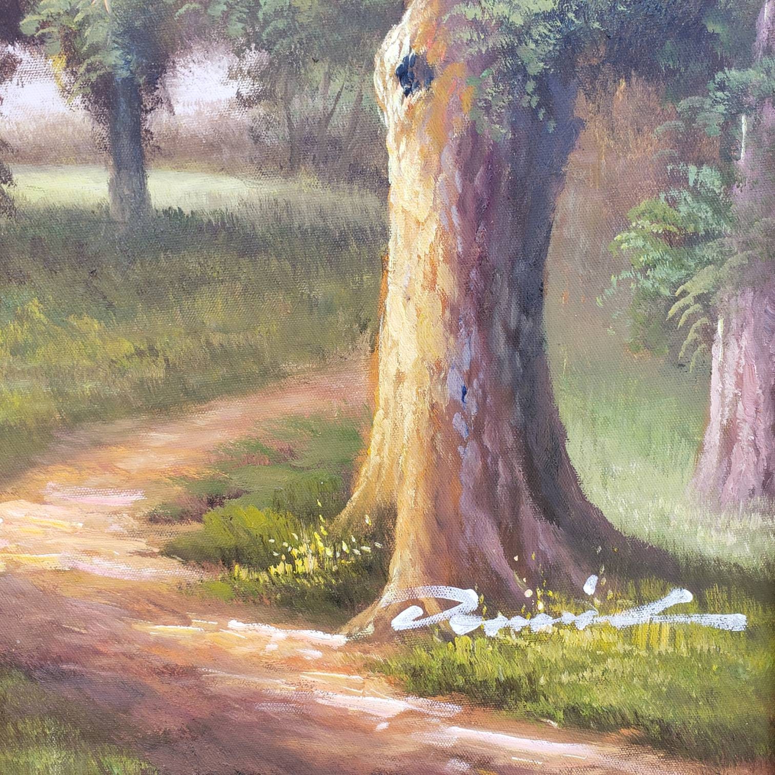 ヴィンテージ 38インチ オリジナル サイン入り 油絵 森林風景画 額入り