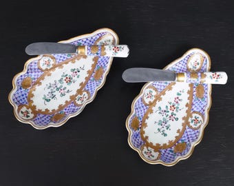 ヴィンテージ 東洋 手描き 花柄 大型 飾り皿 ピンク ブルー パープル