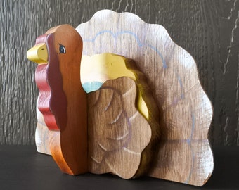 Vintage Handmade Wooden Turkey Folk Art Figure Thanksgiving Table Decor
