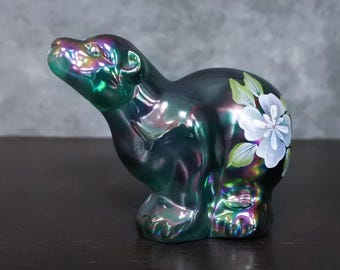 Vintage Signed Fenton Hand Painted Floral Carnival Glass Polar Bear Figurine