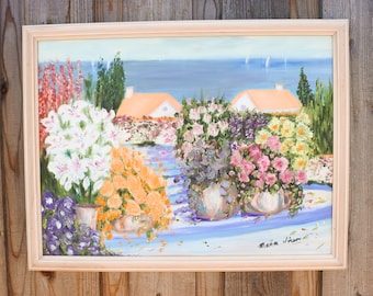 Vintage Original Signed Oil Painting Plein Air Garden Ocean Framed Artwork