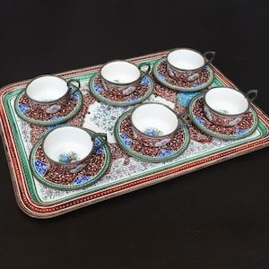Antique Persian Minakari Enamel Floral Birds Tea & Coffee Cups Saucers Tray Set image 1