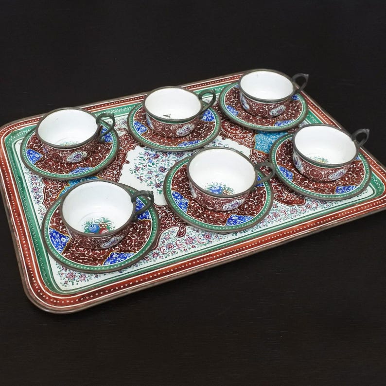 Antique Persian Minakari Enamel Floral Birds Tea & Coffee Cups Saucers Tray Set image 1