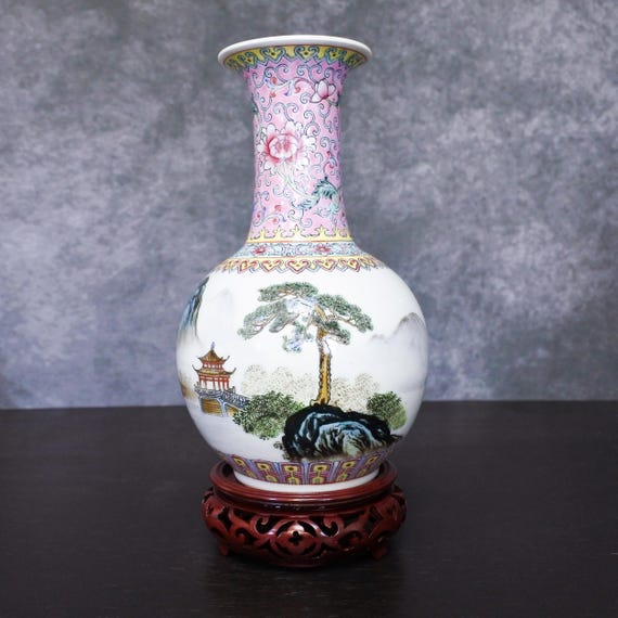 Vintage Chinese Famille Rose Pink Floral Mountain Landscape